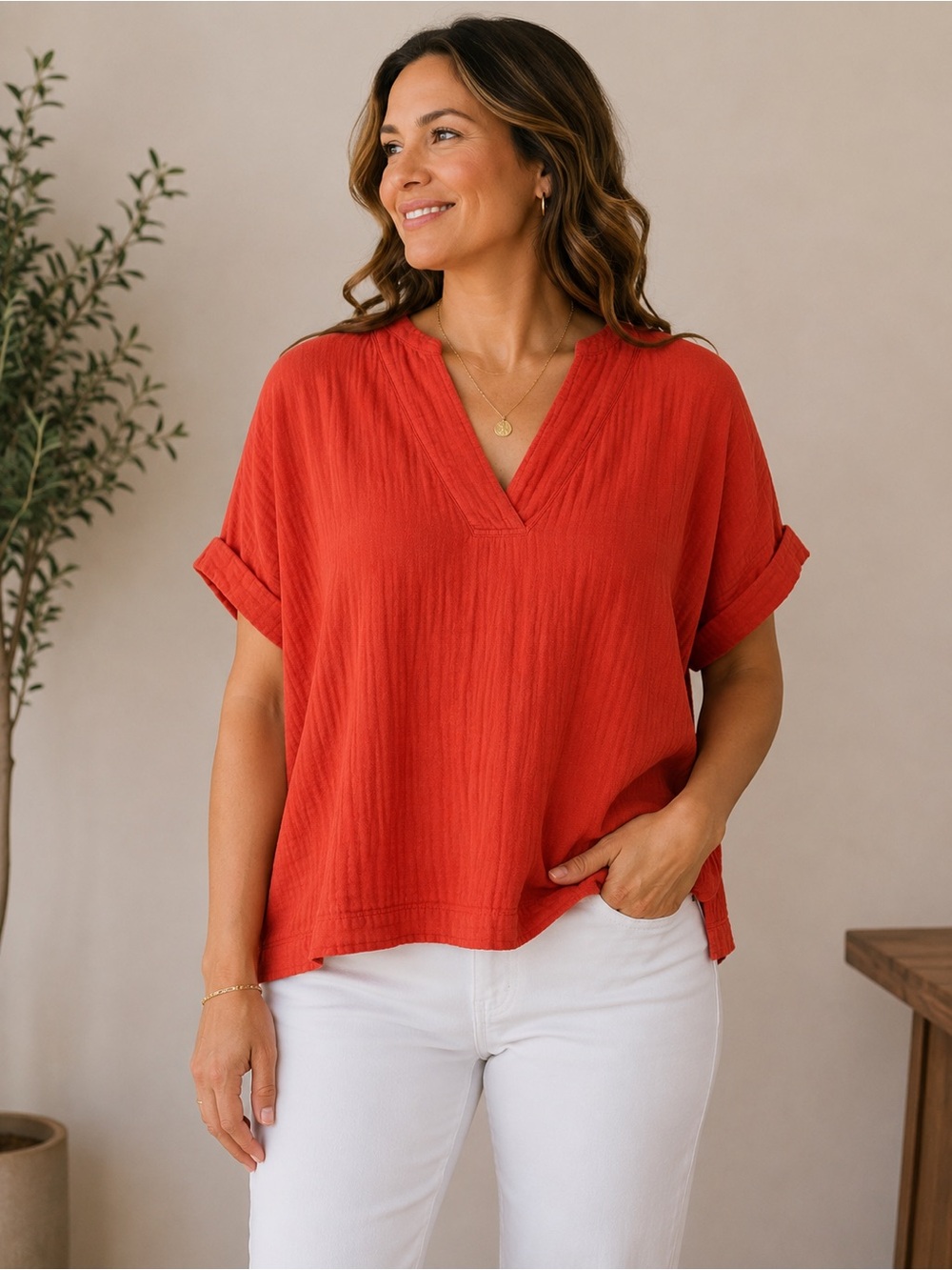 Dylan 100% Cotton Gauze Coral Orange V-Neck Crinkle Short Sleeve